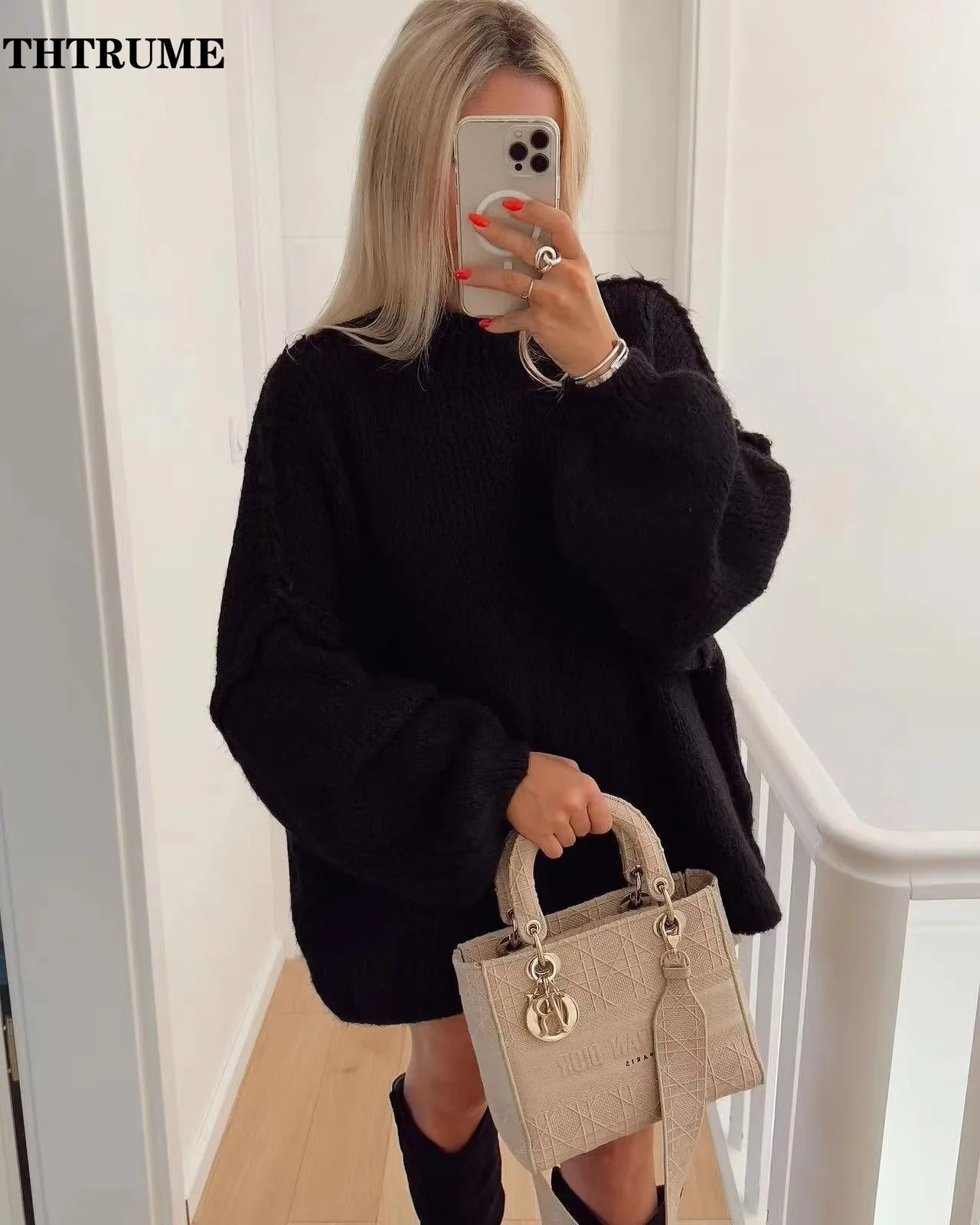 Oversized Solid Chic Sweater For Women Fashion Long Sleeve Round Neck Knit Loose Pullovers Casual Thick Communte 2024 New Jumper