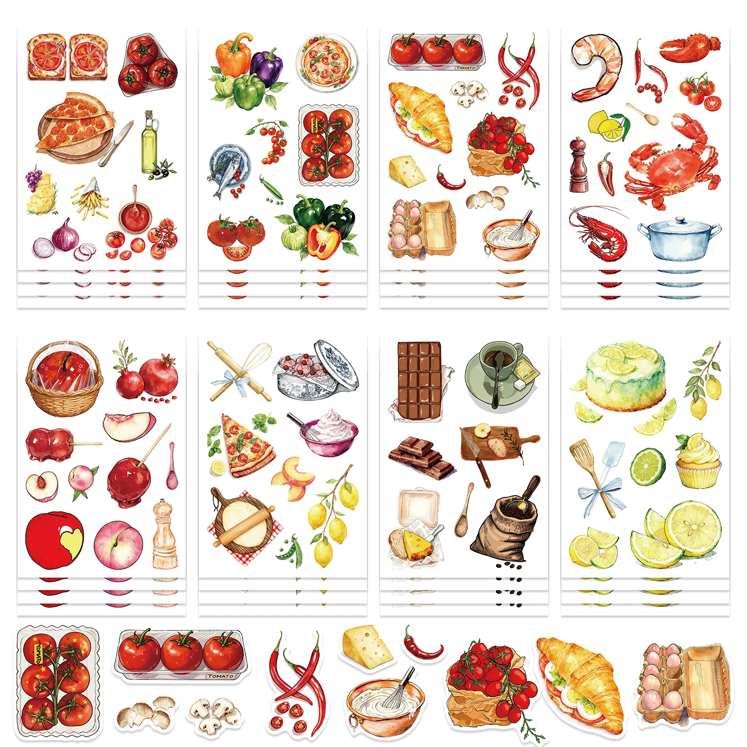 8 adesivi per alimenti ad acquerello: scarabocchi di cartoni animati adatti per decorare quaderni, telefoni cellulari e bagagli