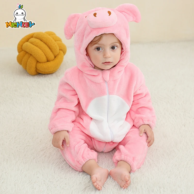 מיצ 'לי ליל כל הקדושים ורוד חזיר תינוק rompers בגדי חורף תחפושת פלנל ברדס pajamas חיות סרבל לבנות