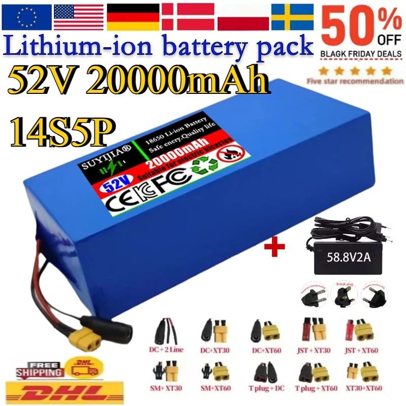 Batterie Au Lithium 14S5P 52V 20000mAh 18650 Avec BMS Pour Scooters Électriques 1500W, Vélos De Montagne + Chargeur