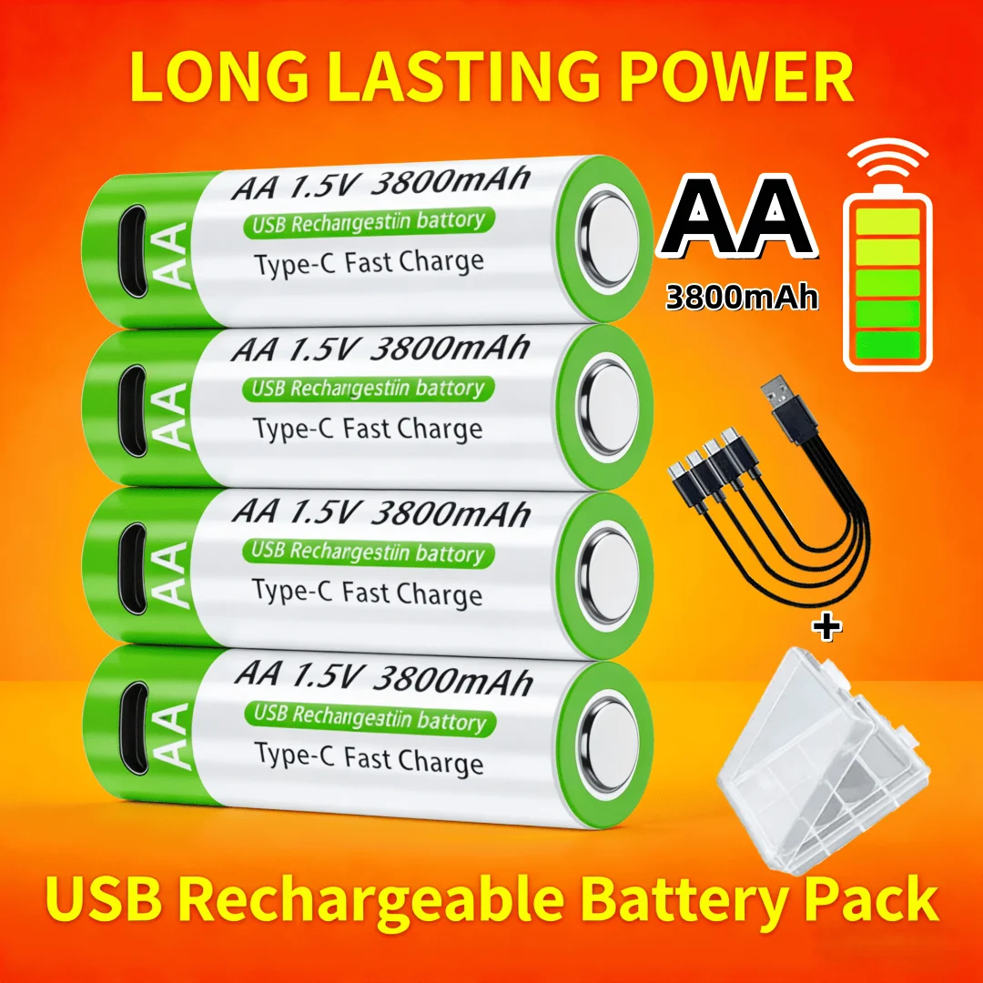Nouvelles piles rechargeables USB AA Lithium-ion 3800mAh 1.5V avec câble de données et boîte de rangement