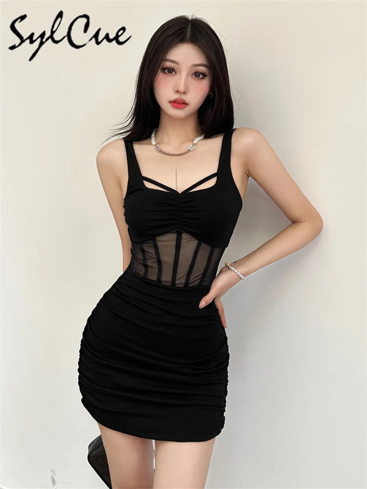 Sylcue Black Mysterious Sexy Mature Beautiful Tight Hot Confident Summer Party Intellectual Elegant Simple Women'S Strap Dress