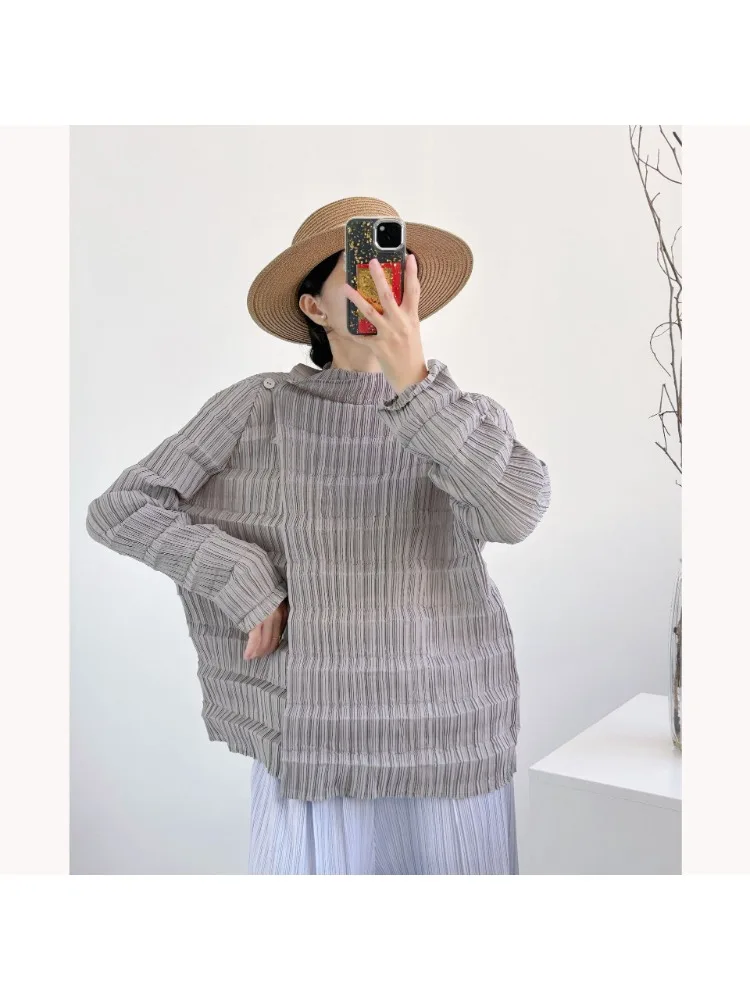 

Miyake 2025 Autumn New Shirt Korean Style Fashionable Handmade Folded Shirt High End Scarf Collar Single Button Women's Jacket