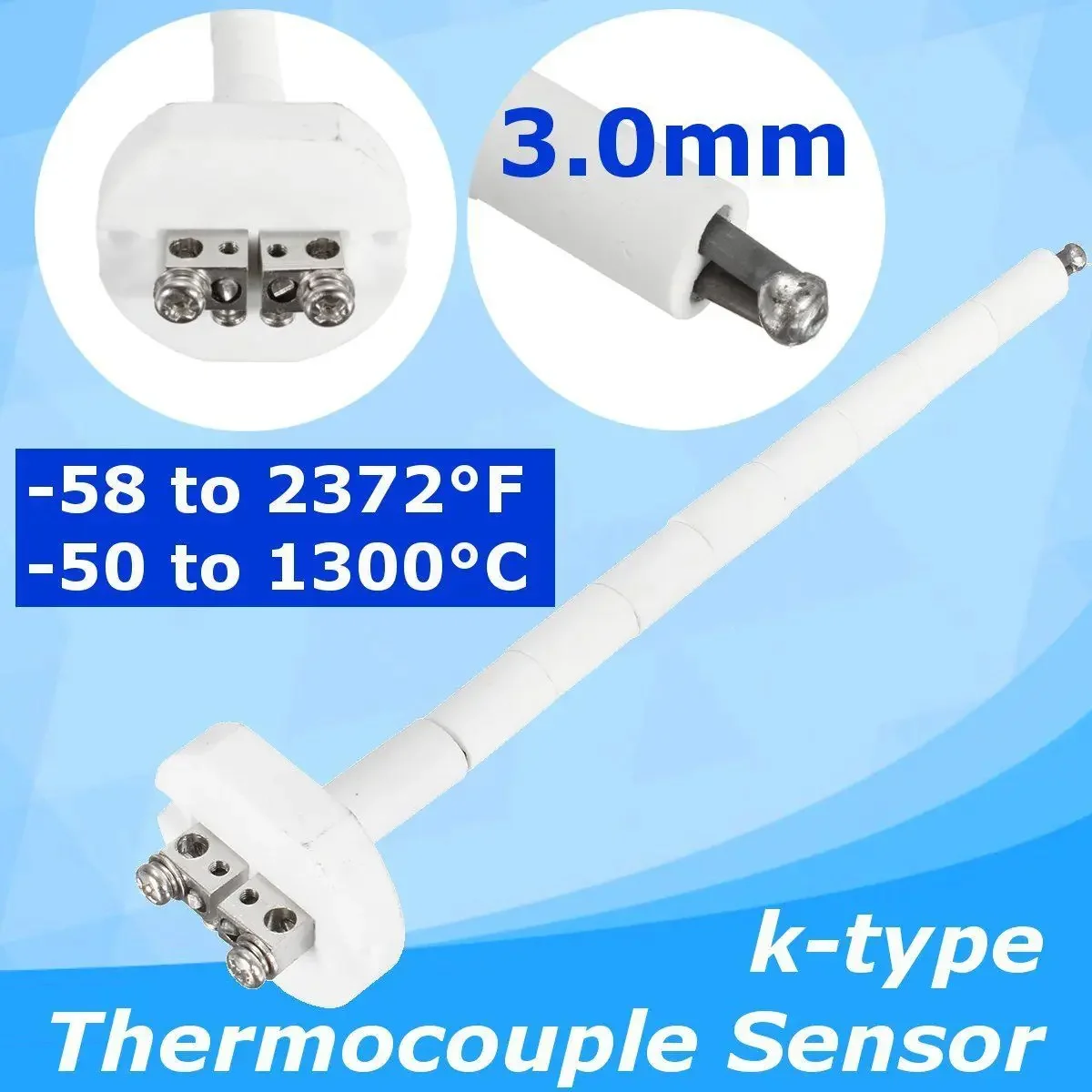 Type K Thermocouple Sensor Ceramic Kiln Furnace 2372°F 1300°C 3mm Wire Diameter 9*Ceramic Tube Shape Two Hole Insulator