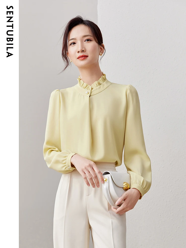 

SENTUBILA Autumn Ruffle Neck Chiffon Blouse Women 2024 New Elegant Single Button Breathable Long Sleeve Shirts Tops 133C50449