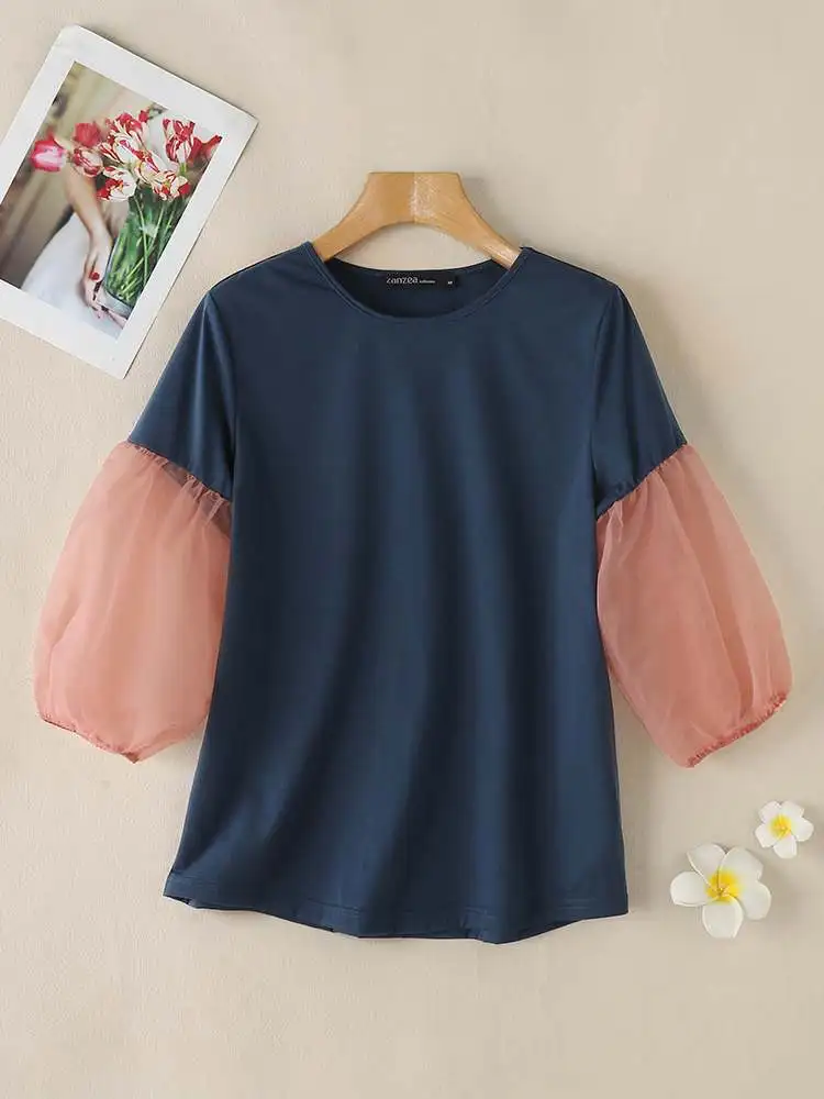 2024 ZANZEA Fashion Women Blouse Casual OL Work Shirt Female Party Blusas Chemise Elegant O Neck 3/4 Sleeve Mesh Patchwork Tops