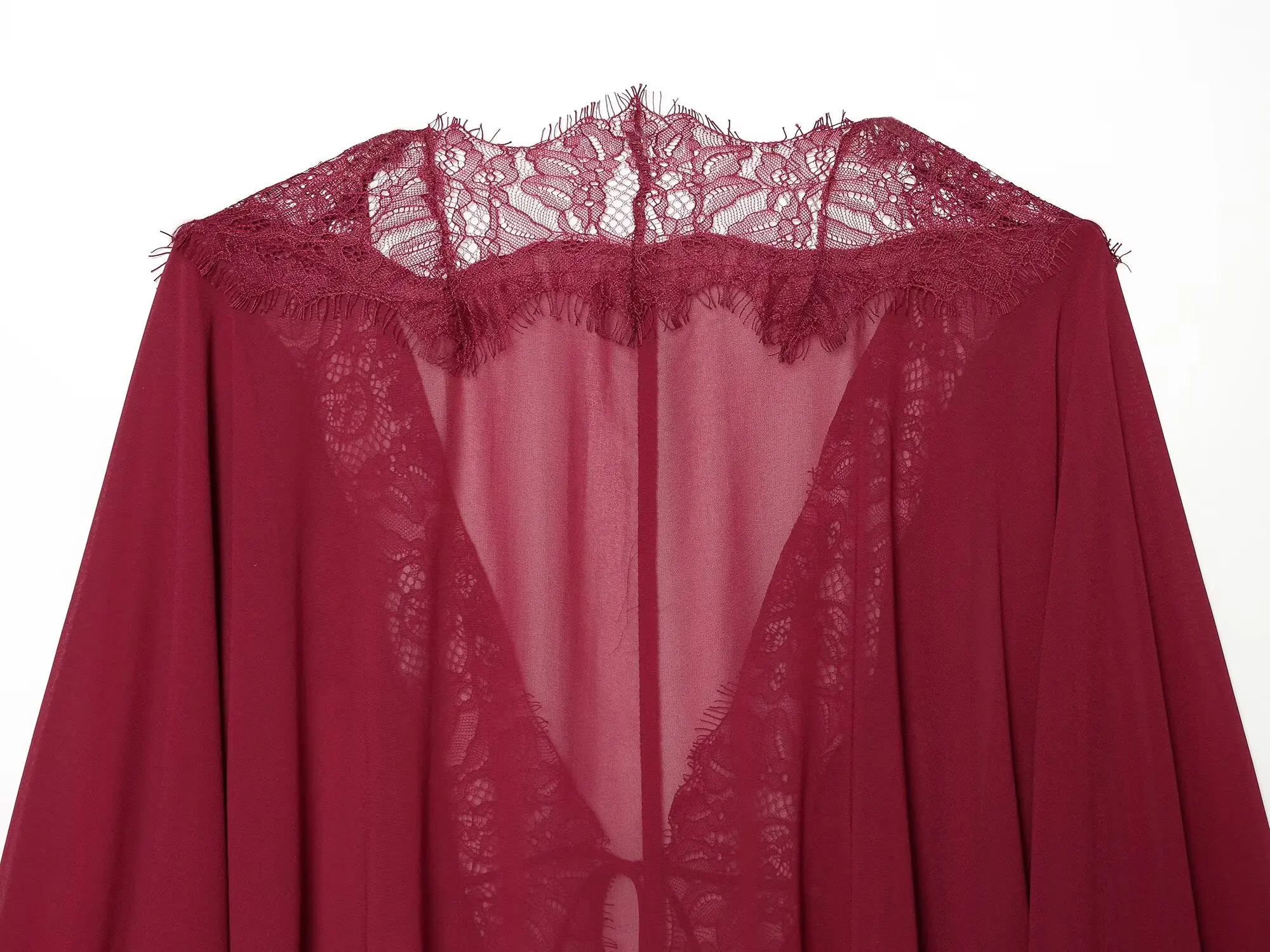 BSAY 2026 Vintage Damen Mode Transparente Bluse mit Spitzenbesatz V-Ausschnitt Vorderer Kordelzug Trompetenärmel Lässiges Strand-Sonnenschutz-Oberteil – Detail 21