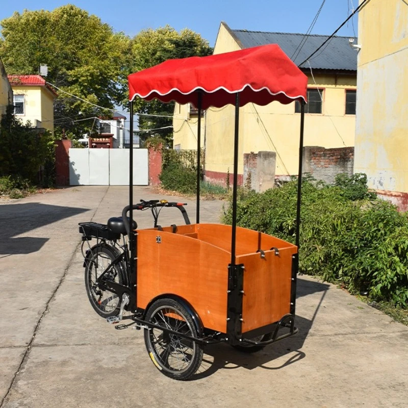 The Christmas version of the parent-child bicycle picks up  child, walks baby, and rides tricycle upside down