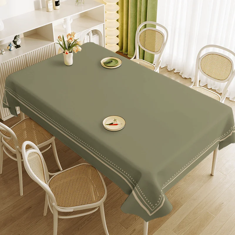 Retro and simple border tablecloth in olive green classic color. Elegant arrangement for living room and dining room.