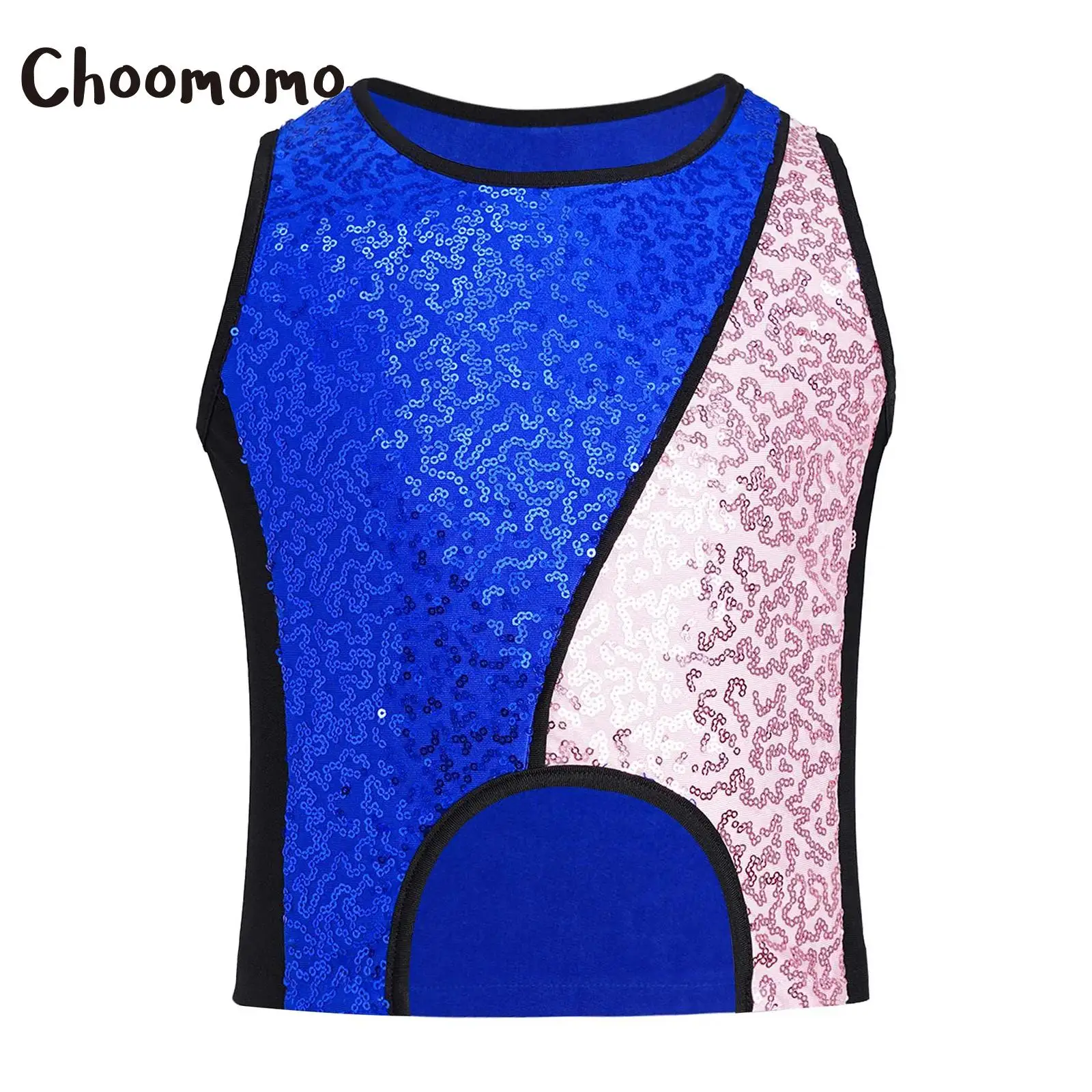 

Kids Girls Jazz Dance Crop Tops Color Block Patchwork Sparkly Sequin Tank Top Vest Asymmetrical Hem Vest Hip Hop Street Dancewea