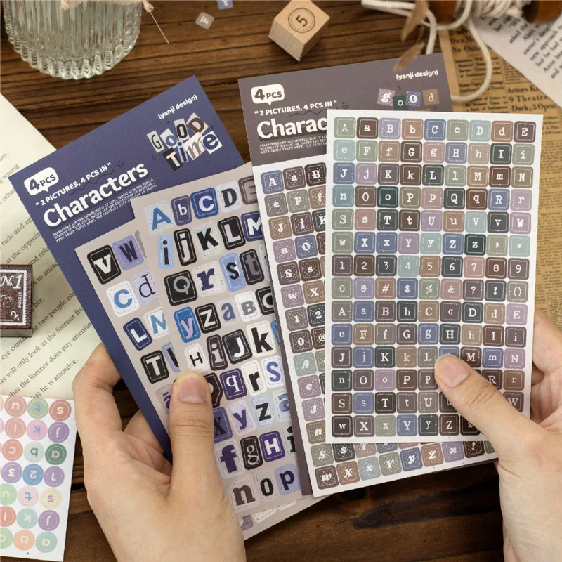 4 Sheets Vintage Character Coated Paper Stickers, Aesthetic Alphabet Number Label Decals for Scrapbooking DIY Journal Decor