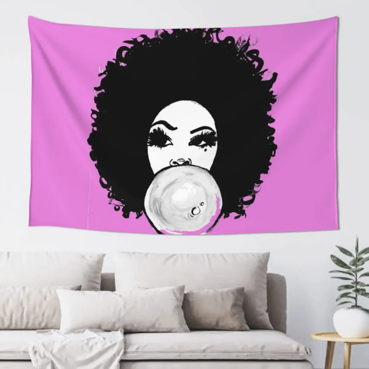 

Curly Afro Pretty Girl Black Hair Bubble Gum Poppin T-Shirt Tees Tapestry Wall Carpet For Bedroom Room Decore Aesthetic Tapestry