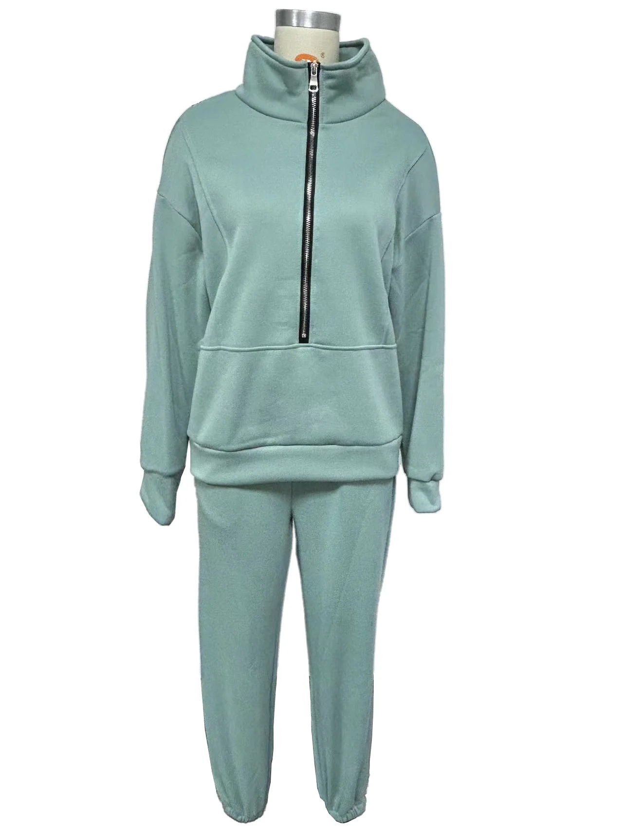 Women Autumn Sporty Fleece Two Pieces Suit Set Stand Collar Zipper Fly Long Sleeve Top & Pants Set Fashion Casual Sports Wear