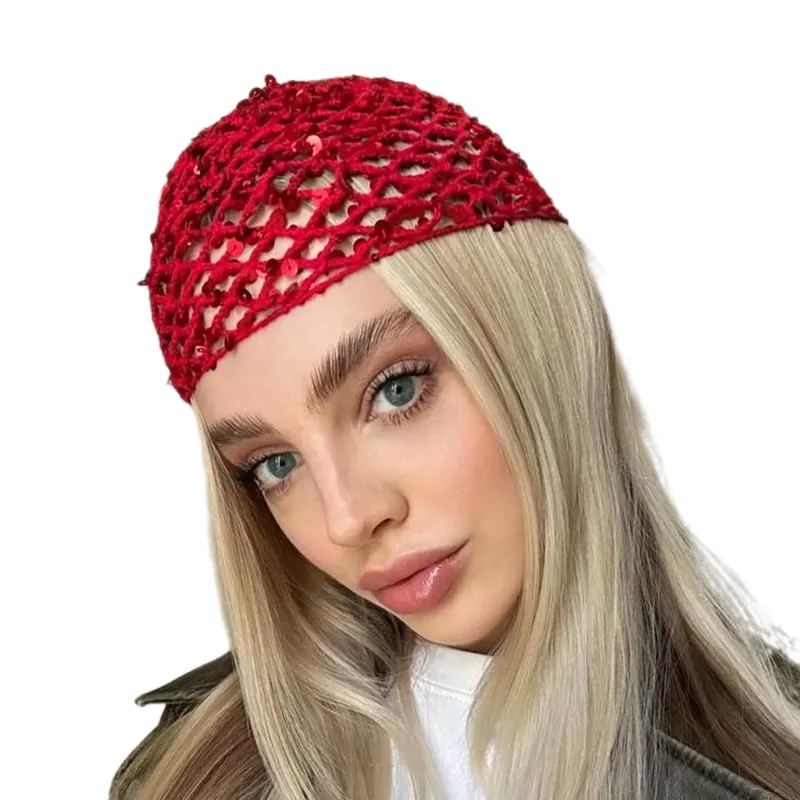 Casquette à paillettes pour femmes, chapeau Snood ample, ajouré, filet à cheveux tricoté, Turban décontracté, pull au Crochet