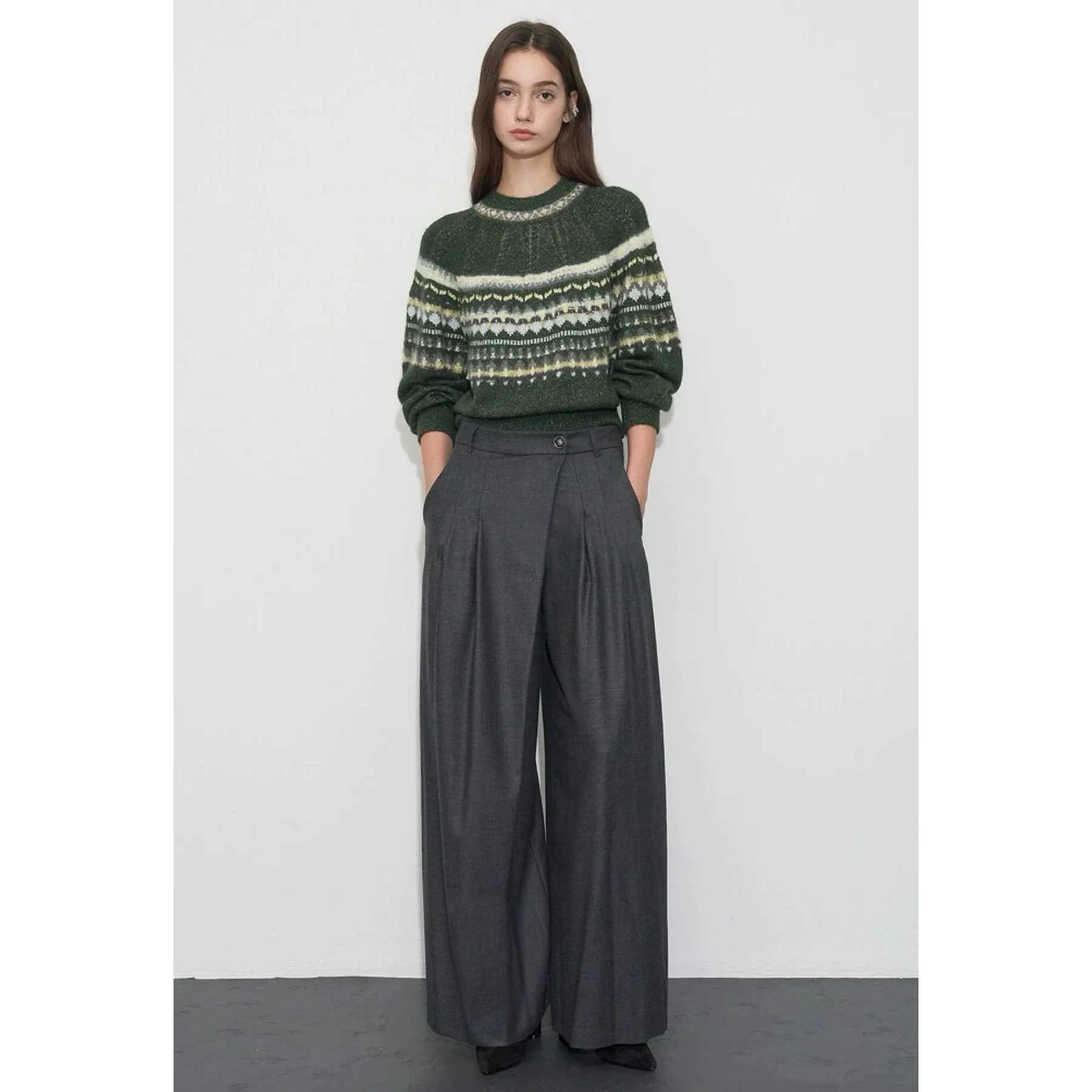 レモンチーズ OBZ25 冬用アンチエイジング ファッション レトロカラー ブロ柄ニット ウールニット レディース通勤用