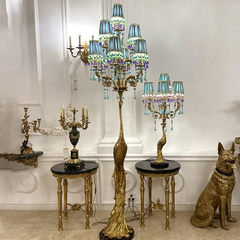 French all-copper peacock floor lamp, European-style retro villa living room  lobby decoration ornament vertical lamp