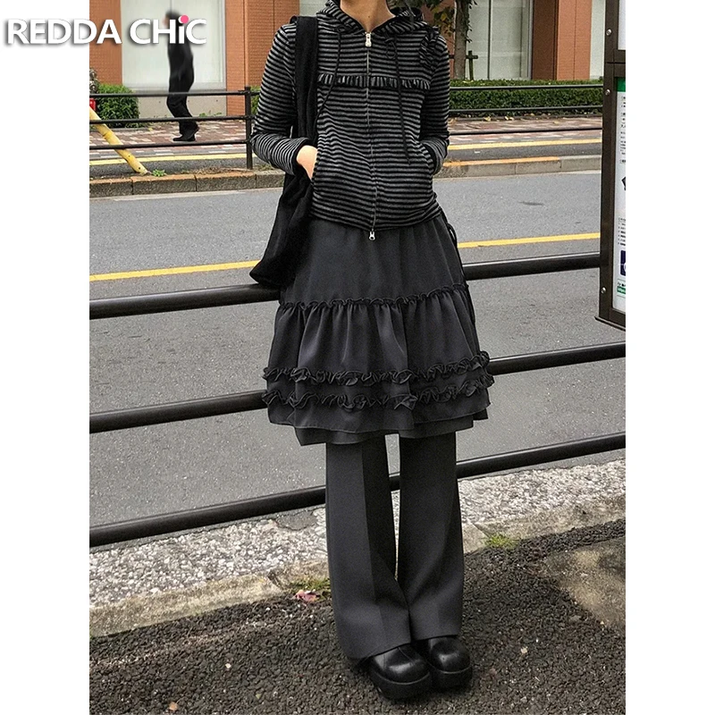 

Женские брюки ReddaChic с оборками и широкими штанинами, в стиле гранж, с однотонными вставками, на эластичной талии, с многослойной юбкой, серые, в корейском стиле, для повседневной носки