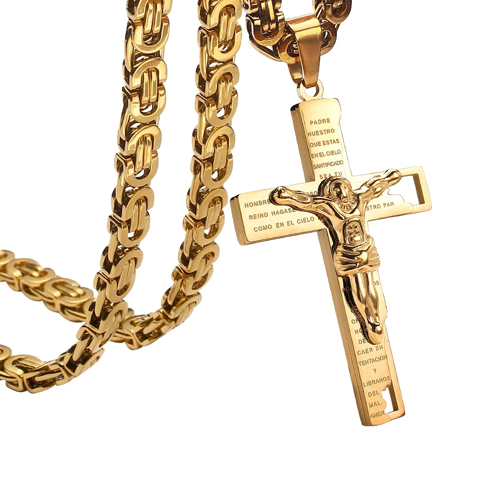 Religious Men Stainless Steel Jesus Crucifix Cross Pendant Necklace Heavy Byzantine Chain Necklaces Christmas Jewelry Gifts