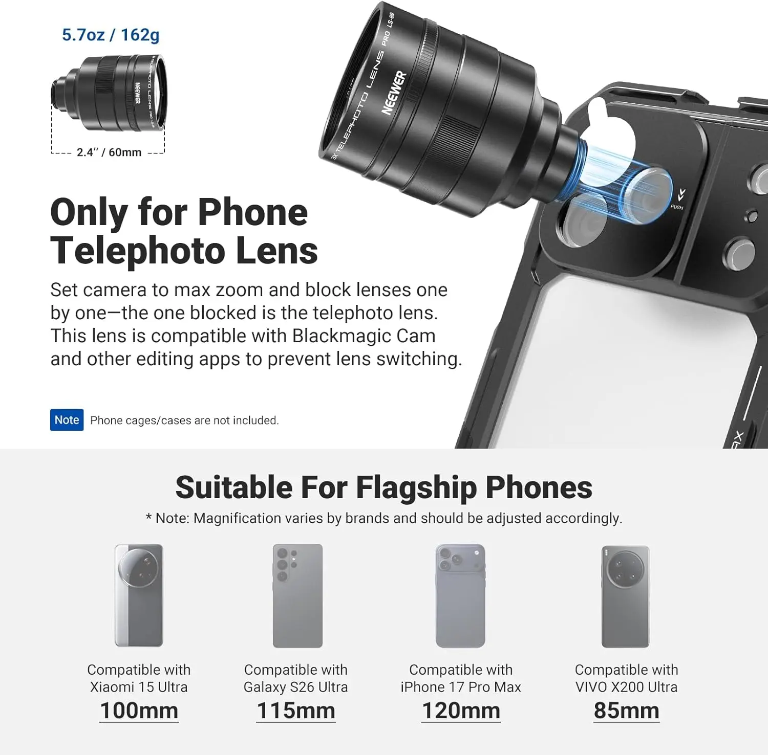 NEEWER 3X Telekonverter für Smartphone-Teleobjektiv, 360mm Äquivalent, 17mm Gewinde, für iPhone Android Samsung Xiaomi – Detail 3