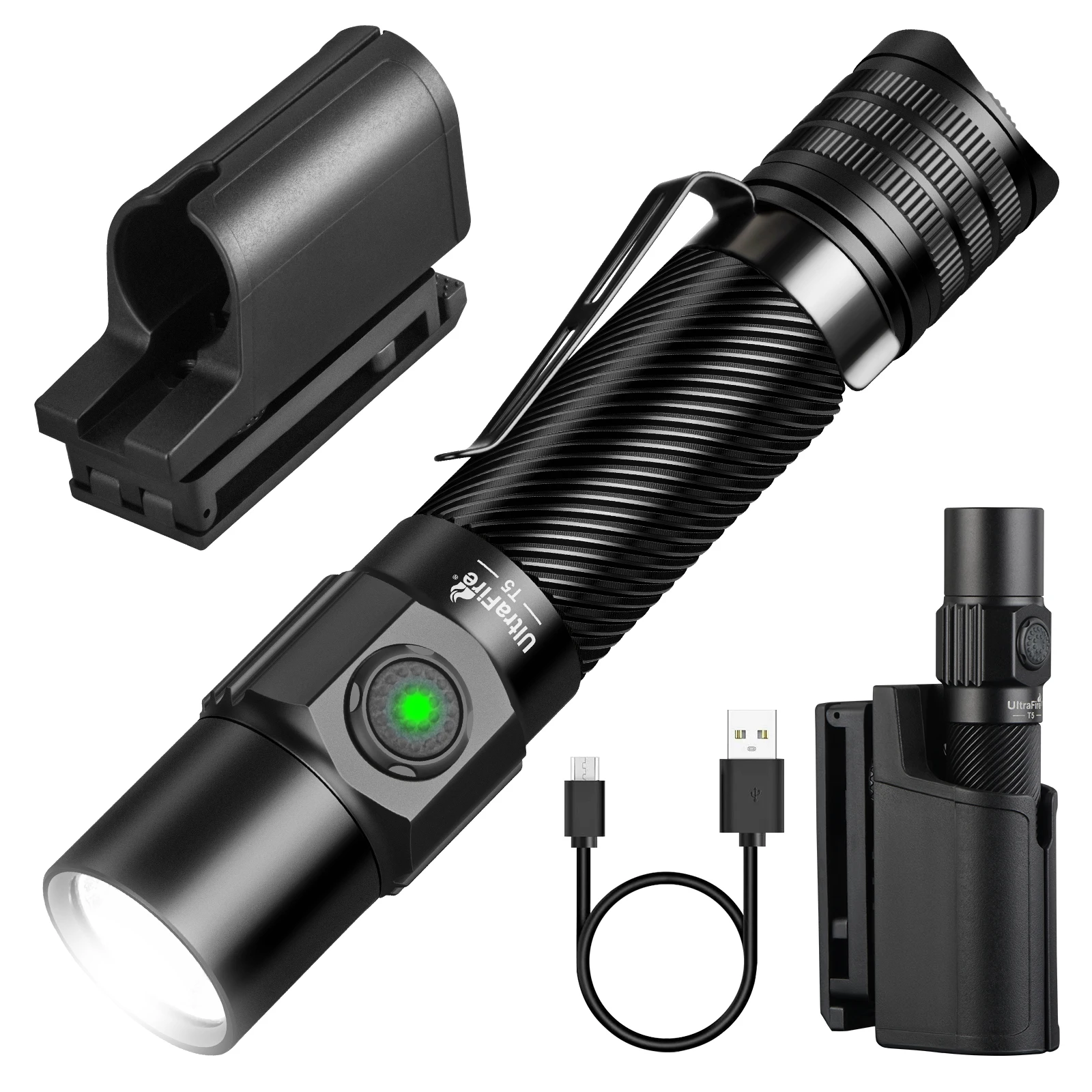 UltraFire T5 Police Tactical Flashlight 1800LM 273M High Power Led Torch Type-C USB Rechargeable EDC Military Dual Switch Lamp