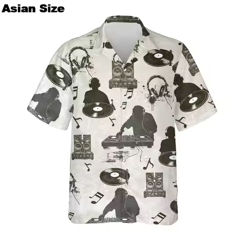 DJ Records Rock Hawaiian Shirt Men Summer Party 3D Printed Short Sleeves Casual Fashion Tops Singer Lapel Hip Hop Button Blouse