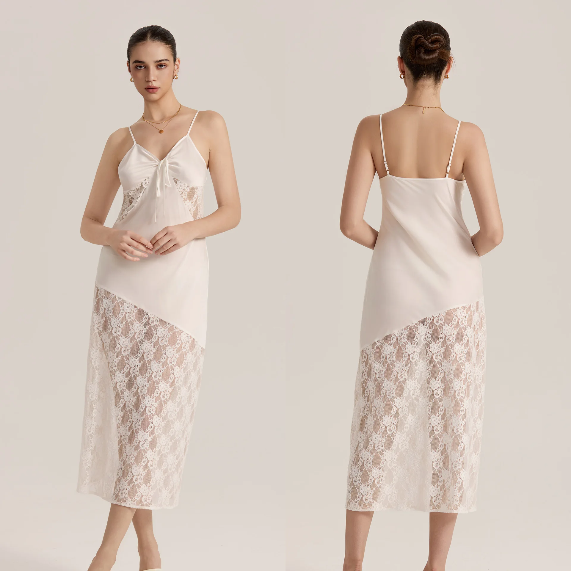 

Sexy White Suspender Big Lace Hem Nightdress Female Long Nightgown Sleepwear Summer Women Satin Home Clothes Loungewear