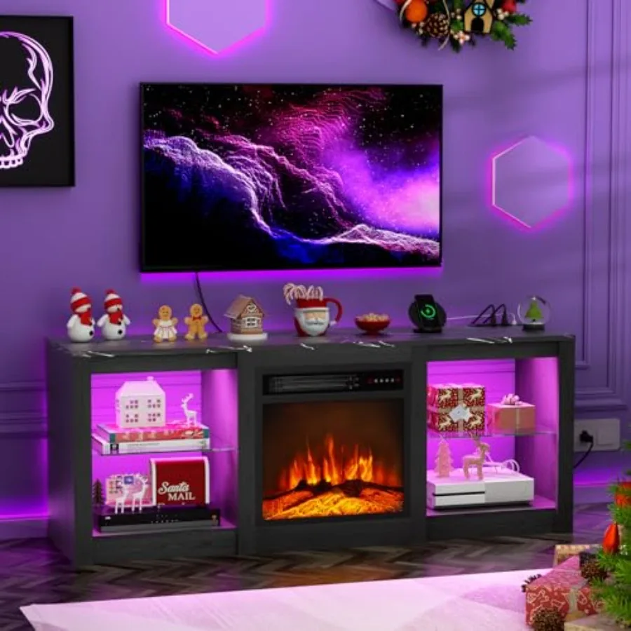 

58-inch Electric Fireplace TV Stand for 65-inch TVs with Built-in 18-inch Fireplace and LED Light Display Modern Entertainment