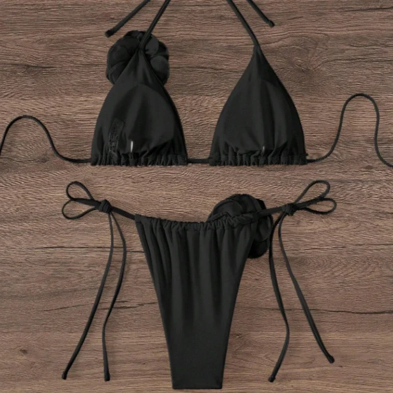 섹시 3D 플라워 홀터 스트랩 비키니 여성 수영복 투피스 비키니 세트 수영복