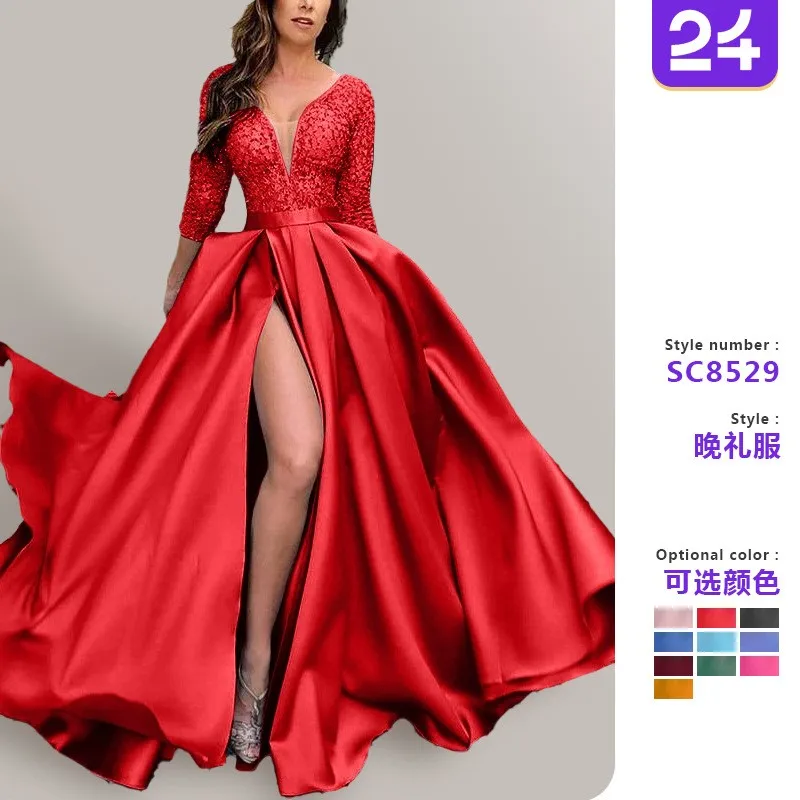 

Summer Spring Women's Clothing Lace Sequin Evening Dress For Woman Elegant Party Guest Wedding Prom Crystal Tulle Long Sleeve