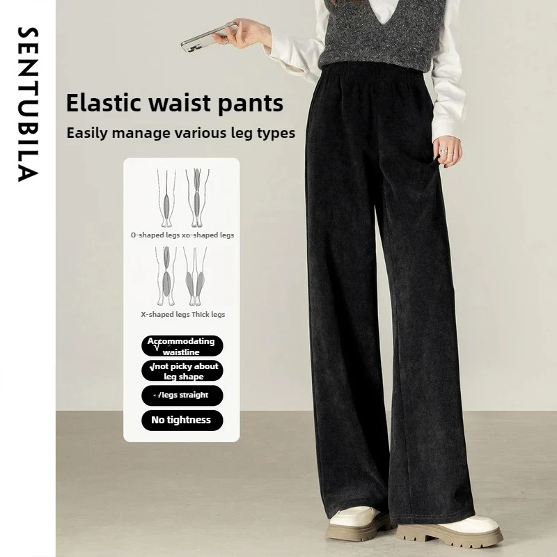 

SENTUBILA Women's Ribbed Knitted Pants 2025 Autumn New Style Simple Casual Commuting Elastic Straight Leg Pants 153KA2490