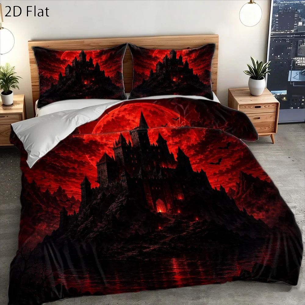 3Pc Gothic Dark Castle Red Moon Theme Duvet Cover Set, Three-Piece Bedding Set (1 Duvet Cover + 2 Pillowcases), Suitable for All Seasons, Machine Washable, Invisible Zipper Design, Large Double Bed Cover Set, Suitable for Home, Dormitory, Master Bedroom, Guest Room, Halloween Vampire Style Bedding, Dark Style Bedroom Decor Bedding, Hot-Selling Three-Piece Bedding Set, Vintage Castle Print Duvet Cover