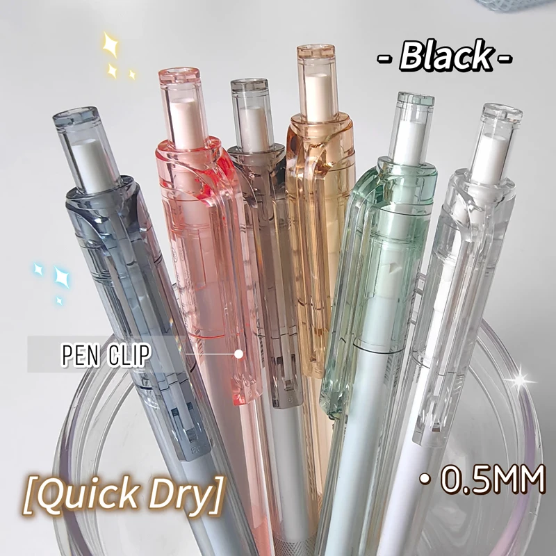 6PCS/Set Candy Color Gel Pen Transparent Gel Ink Pen 0.5MM Black Refill Writing Pen ST Pen Point Neutral Pen Quick Dry Pen New