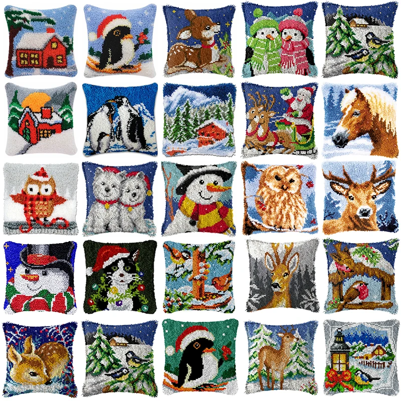 

Winter Series Latch Hook Kit Mats Cushion Pillow Crafts Animal Christmas Needlework Button Package Cushion Embroidery Latch Hook