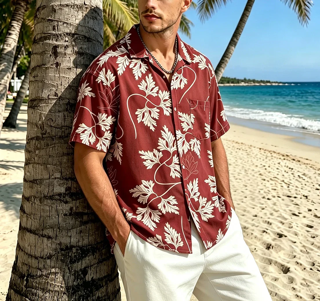 2026Men's Hawaiian Shirt Summer Short Sleeve Button Up Shirt Wave Print Casual Loose Blouse for Beach Vacation Holiday