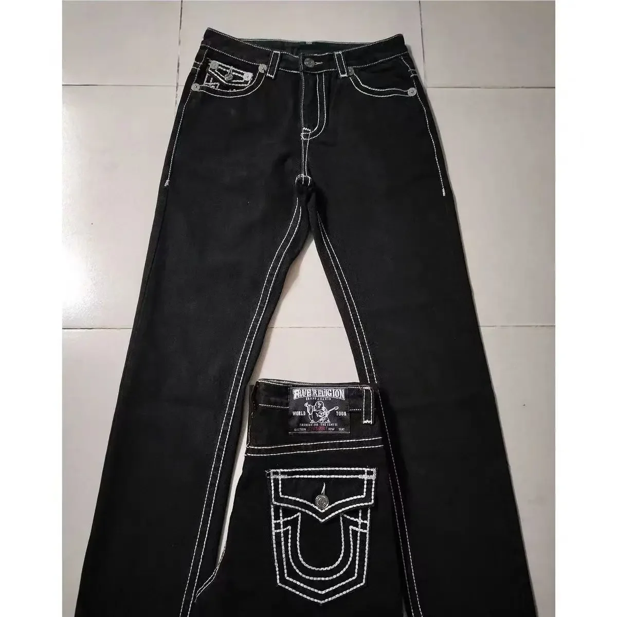 Y2k American Hip-Hop Street bestickte schwarze Jeans 2024, neuer Stil, gewaschene Herren- und Damen-lose Y2k-Arbeitsjeans mit weitem Fuß