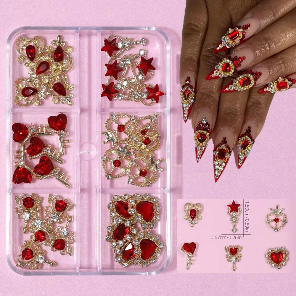 

22/30 шт. красные хрустальные подвески для ногтей в форме сердца и звезды с бриллиантами 3D Роскошная Золотая основа Волшебная палочка Красные драгоценные камни Стразы для ногтей Товары для дизайна ногтей