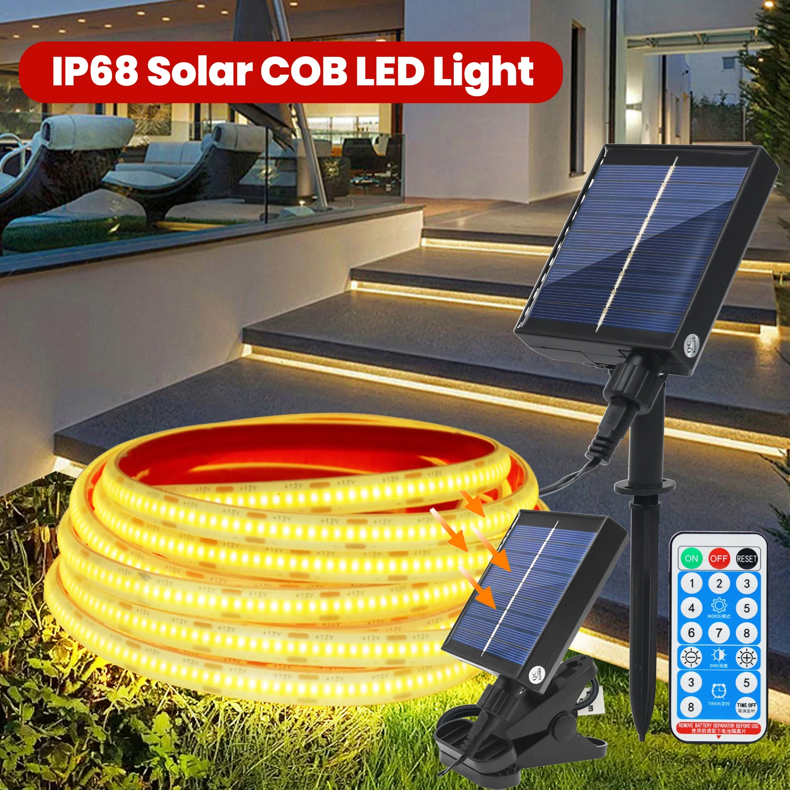 

IP68 Waterproof Solar Power LED Strip Light 12V Dimmable COB LED Strip with Remote Flexible COB Tape Ribbon Indoor Outdoor Decor