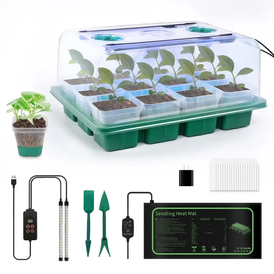 

12 Cell Seed Starter Kit with Grow Light and Graphene Heating Mat, Reusable Seed Starter Tray with Higher 4.7Humidity Domes and