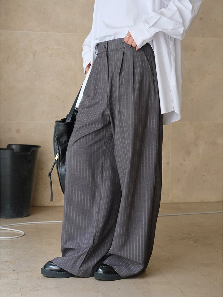 LANMREM Spliced Design Striped Pant For Women High Waist Wide Leg Trousers Office Lady Loose Clothing 2024 Autumn New 26C149