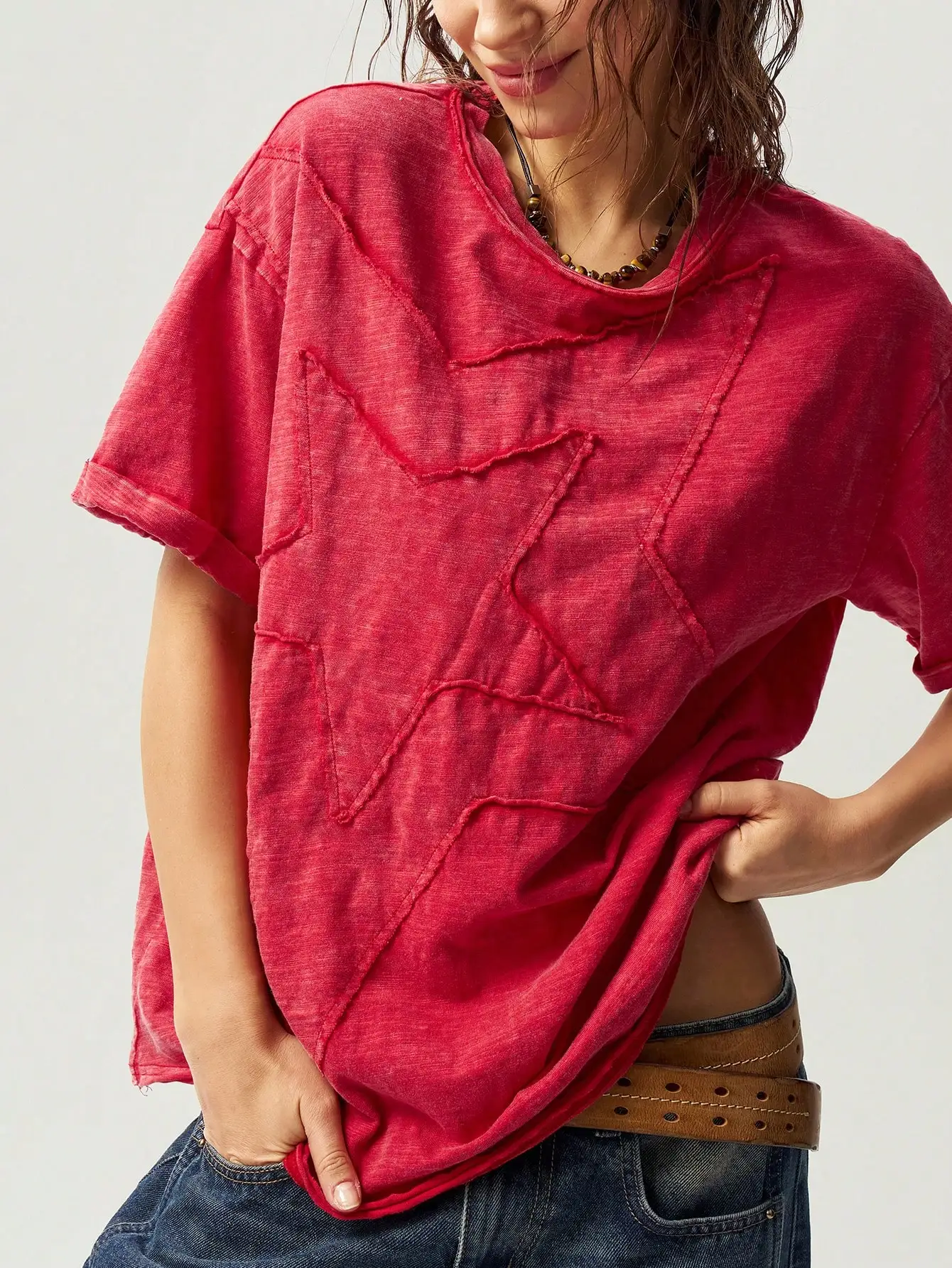Women's Loose Fit Washed Solid Color Pentagram Pattern Round Neck Short Sleeve T-Shirt, Summer