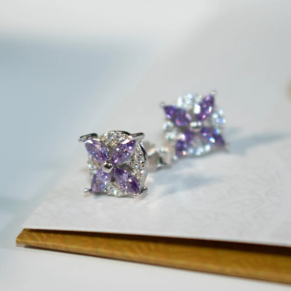 

Flower Amethyst Stud Earrings Purple Petals 925 Sterling Silver Women Earring