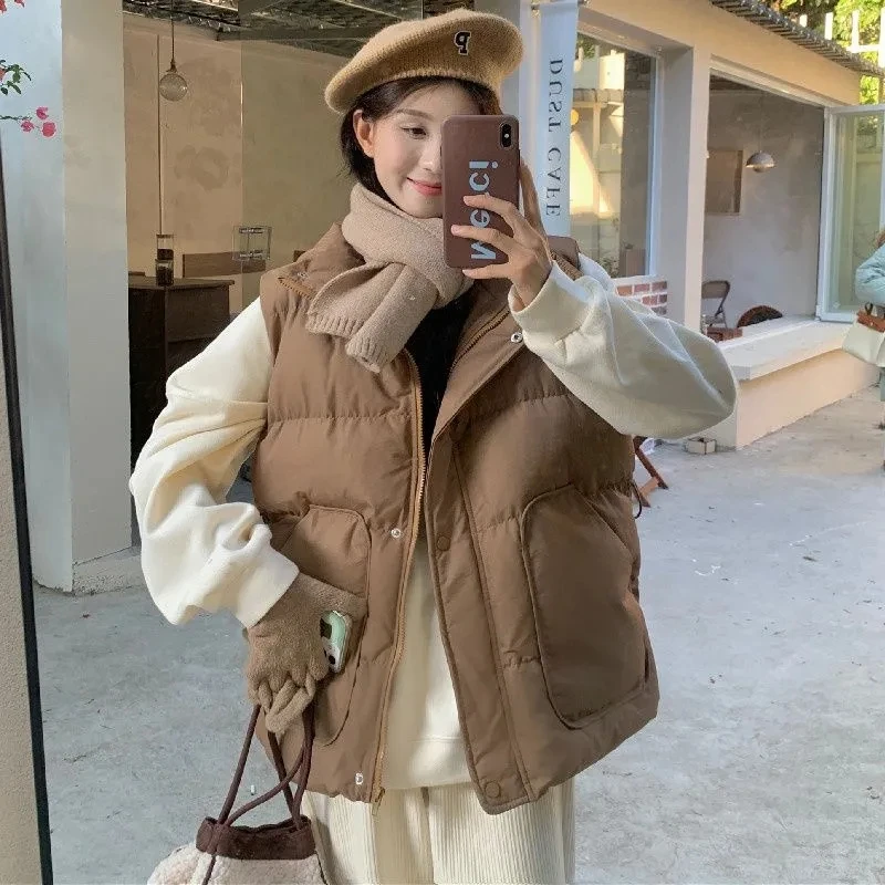 2026 New Autumn Winter Loose Vest Women Jacket Puffer Cotton Vest Female Loose-fit Cropped Tweed Slimming Warm Top Outerwear