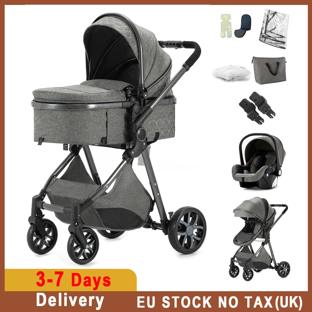 Poussette Multifonctionnelle, Landau 3 en 1, Standard UE, Facile à Plier, Livraison Gratuite, Accessoire pour Bébé,Siège de Sécu