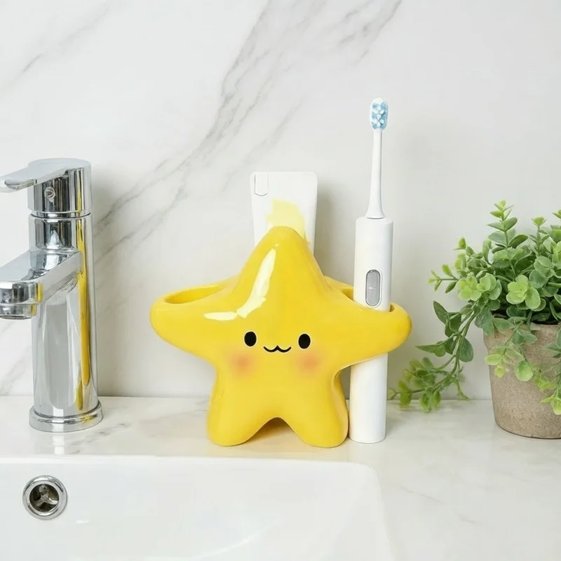 Cute Star Shaped Toothbrush Holder Funny Face Freestanding Bathroom Organizer Space Saving Toothpaste Storage
