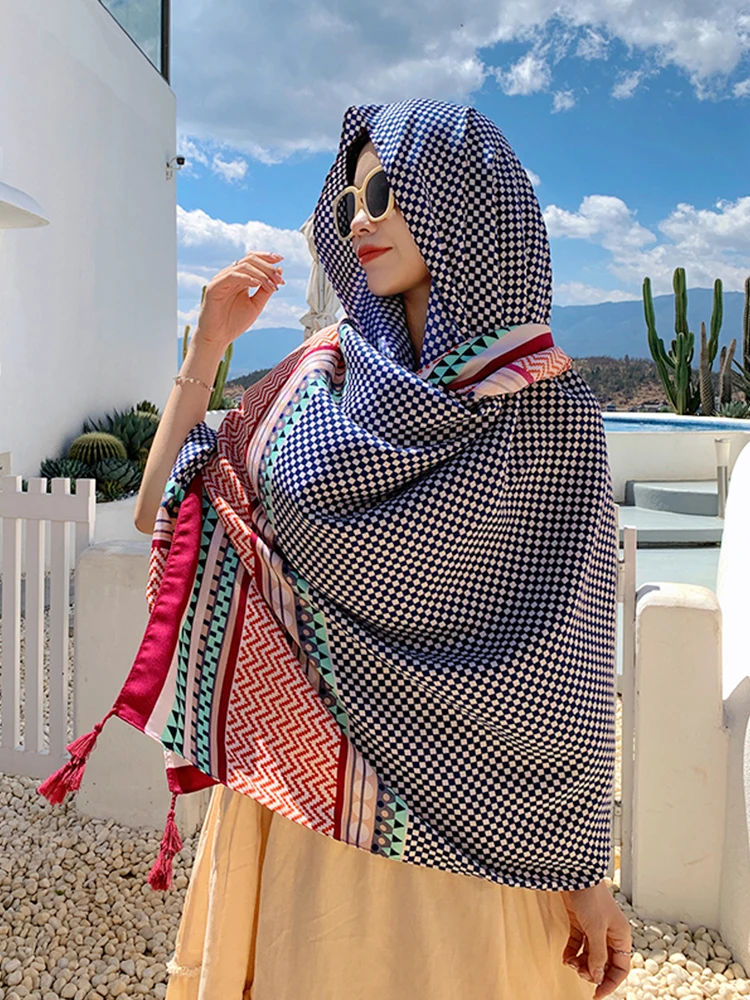 Summer Elegant Women Silk Scarf Beach Wrap Shawls Vintage Plaid Print Lady Sunscreen Bandana Long Hijab Mujer Boho Scarve Pareo