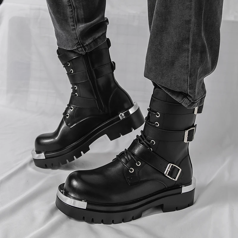 Men Chelsea Boots PU Solid Color Thick Sole Height Increasing High Top Metal Big Toe Workwear Boots image 5