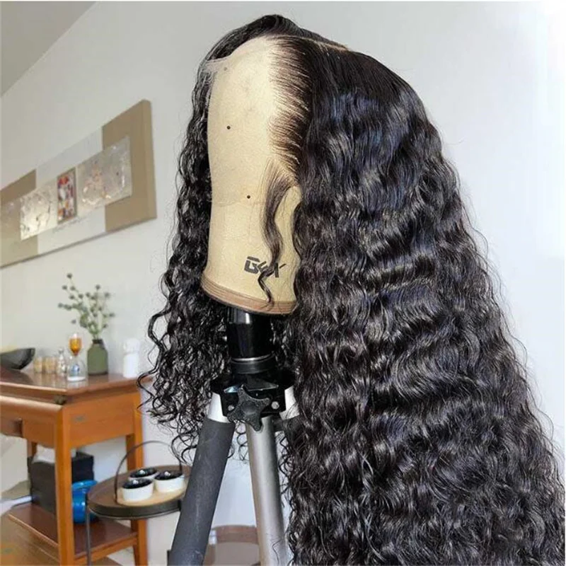 Peruca dianteira do laço encaracolado perverso pre-arrancado para mulheres negras, fibra macia, glueless, cabelo do bebê, longo, cor preta, 26 ", densidade de 180%