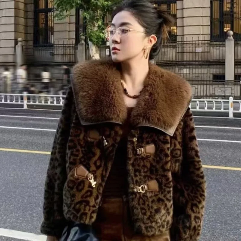 Women's Fashion Mink New Short Faux Fur Coat Thicken Warm Leopard Print Short Fur Coat  High-end Coat Winter Fur Jacket