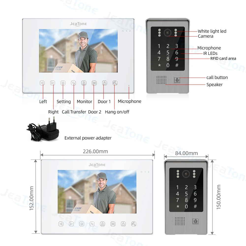 Jeatone 7Inch Tuya Wirless Wifi 1080P Video Intercom For Private Home System Doorbell with Support Record Password RFID Card