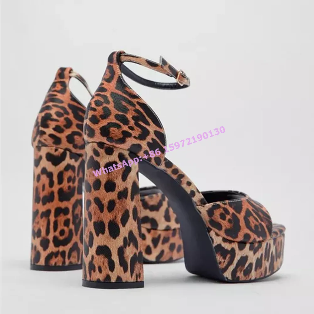 Leopard Platform Sandals Square Heels Peep Toe Ankle Band Buckle Straight Strap Shoes Sexy Women's Leisure Fashion Dress Shoes